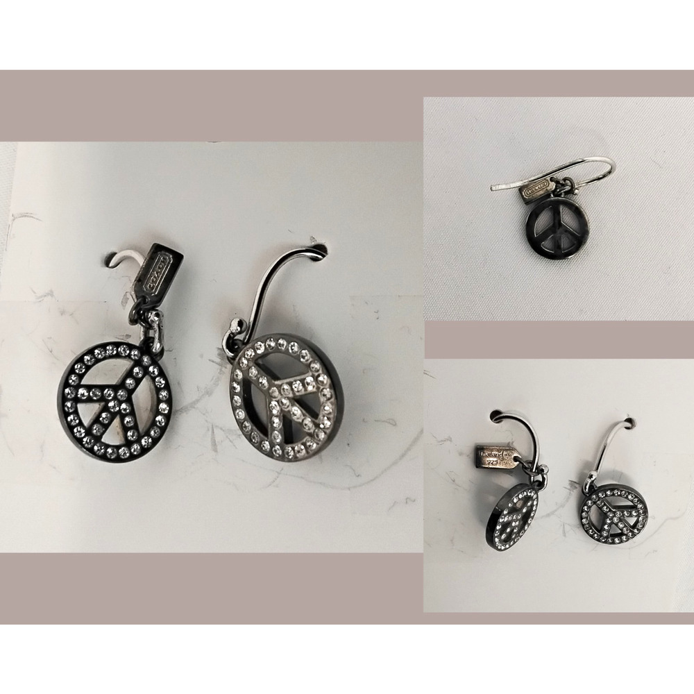 Coach Earrings Peace Sign .925 Sterling Silver Rhinestone #W4265